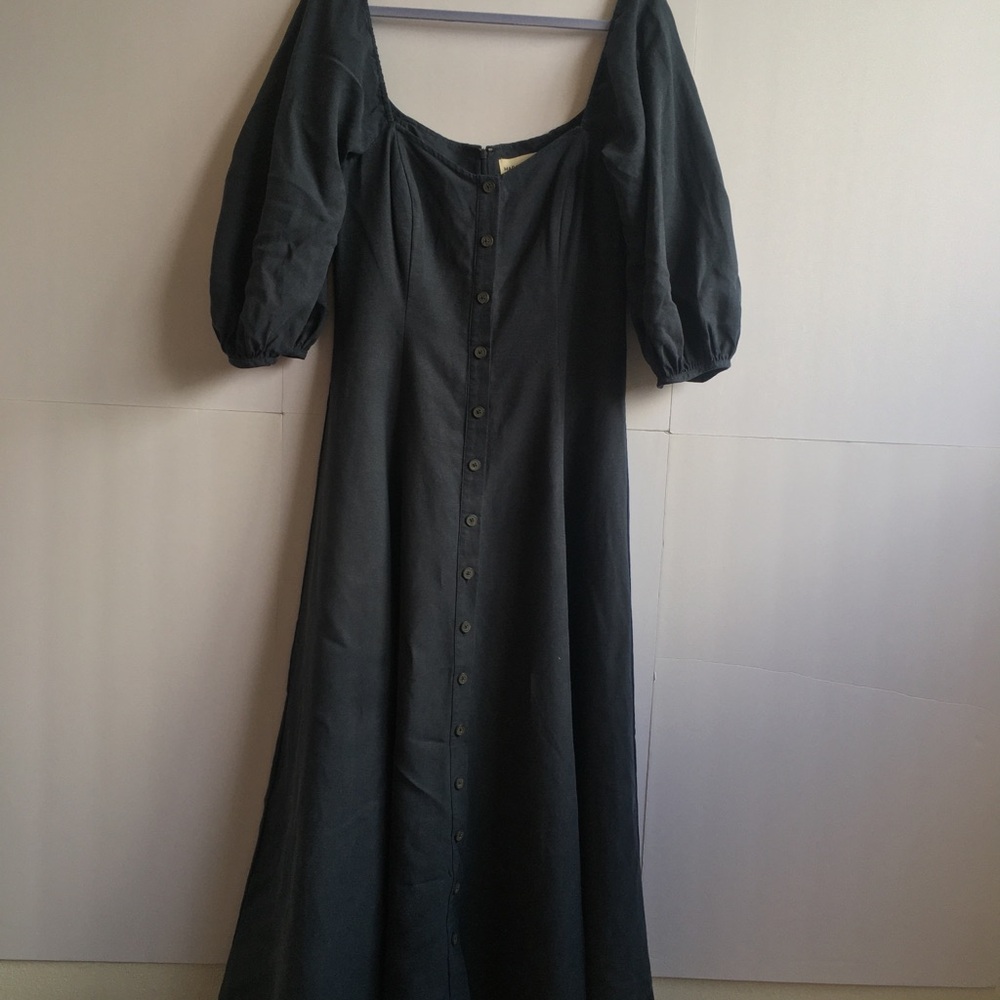 Mara Hoffman Mika Puff-Sleeve Linen Blend Button-Front Maxi Dress in Navy Blue - Picture 6 of 12